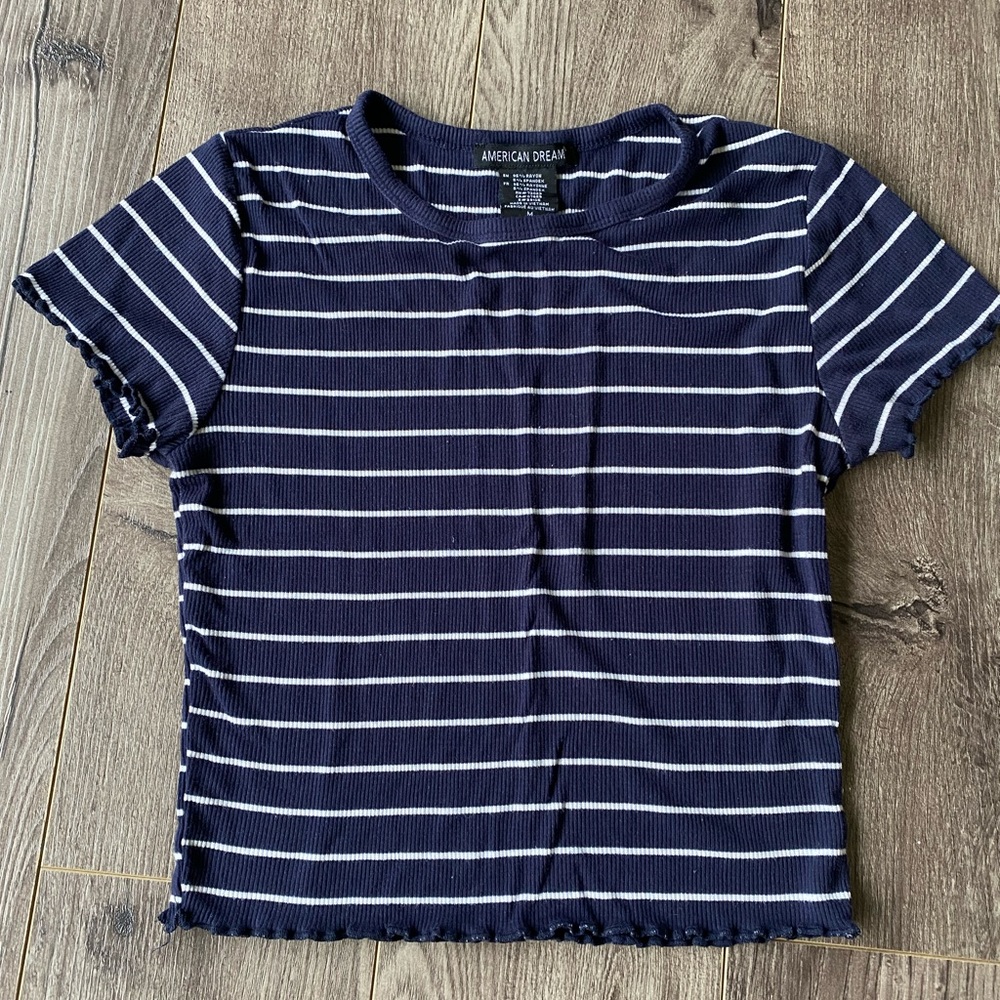 3/$15 American Dream blue & white striped cropped baby T-shirt, scalloped
